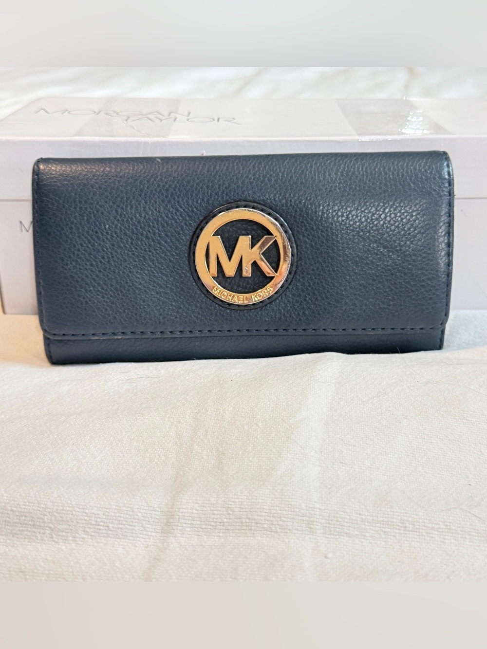 Michael Kors blue pebbled leather Fulton flap continental envelope womens wallet